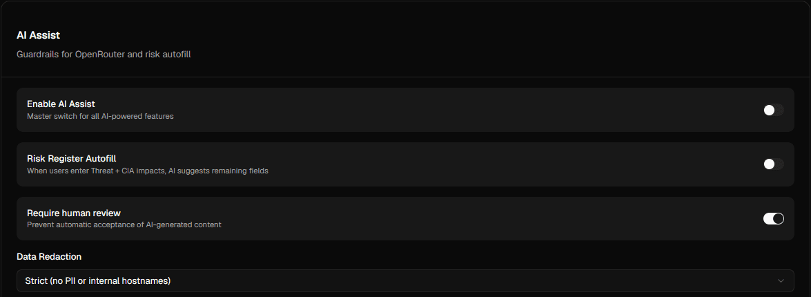 AI Assist settings showing human review and data-redaction controls.