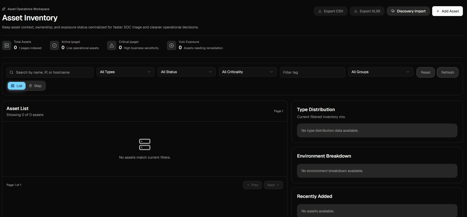 Asset inventory workspace with summary metrics, search and filters, an asset list, and type and environment panels.