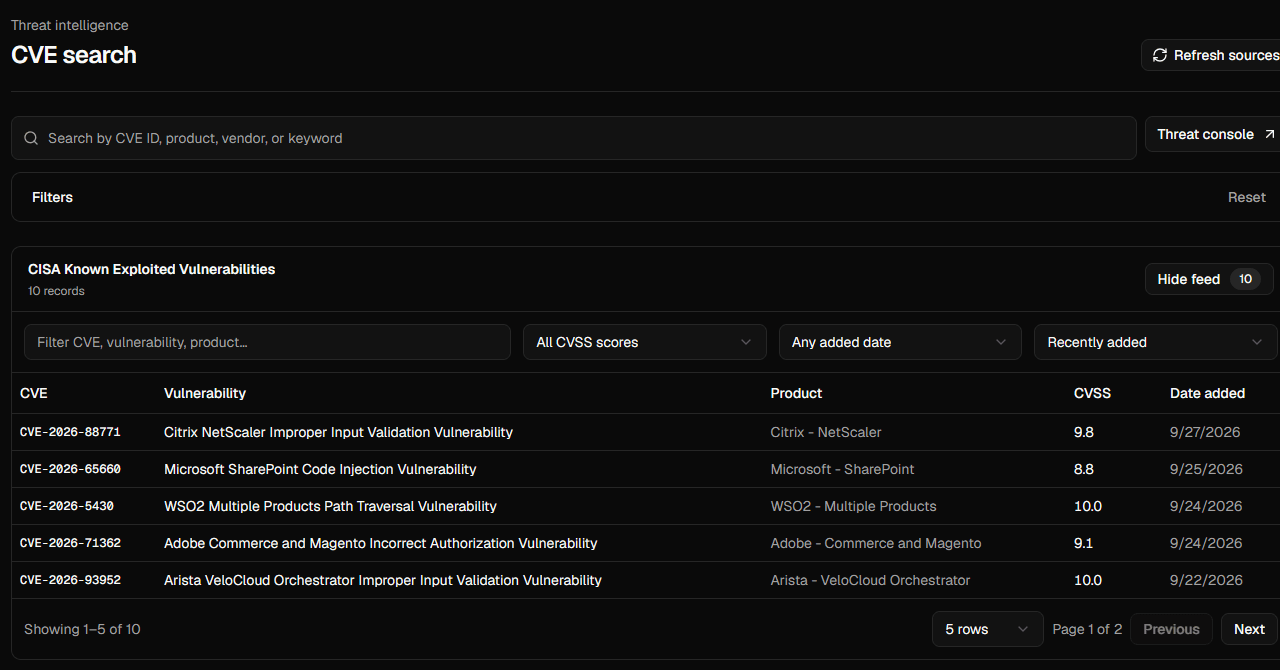 CVE search results with filters and a paginated CISA KEV table.