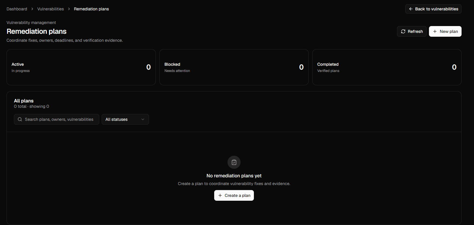 Remediation plans workspace with active, blocked, and completed counts, plan search, status filters, and the empty-state action.