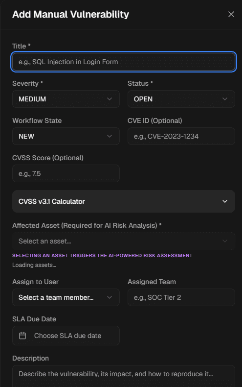 Vulnerability form with title, severity, status, asset, owner, due date, description, and remediation fields.